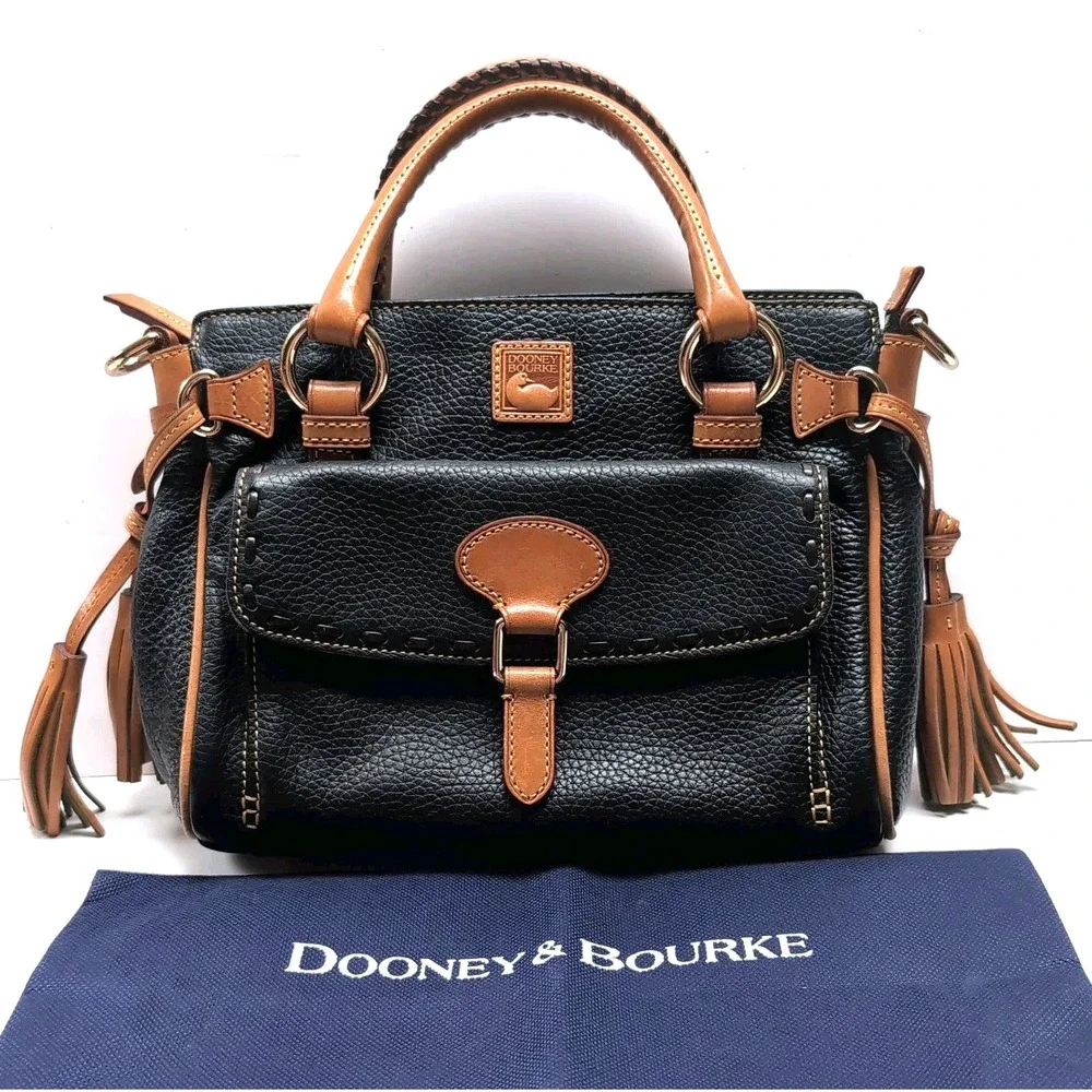 Dooney & Bourke Pebble Grain Satchel/Crossbody Black Tan Leather Pockets Tassels